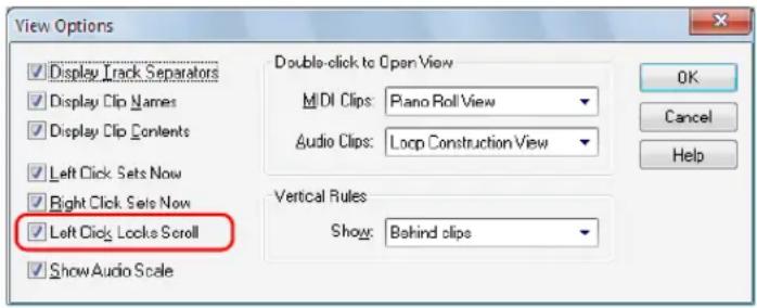 View Options Display Crack Separators Display Clip Names Display Clip Contents Left Click Sets Now Right Click Sets Now Left Click Locks Scroll Show Audio Scale Double-click to Open View MIDI Clips: Piano Roll View Audio Clips: Loop Construction View Vertical Rules Show: Behind clips OK Cancel Help