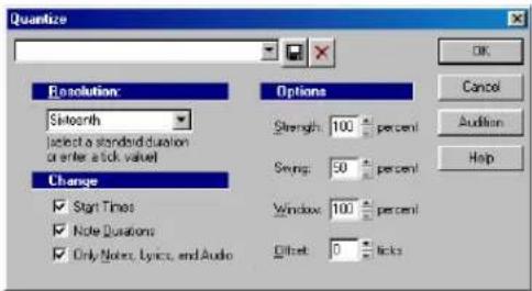 Quantize Resolution: Sixteenth select a standard duration or enter a tick value) Change ✓ Start Times ✓ Note Durations ✓ Only Noise, Lyrics, and Audio Options Strength: 100 percent Swing: 50 percent Window: 100 percent Offset: 0 clicks OK Cancel Audition Help