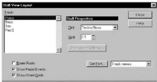Staff View Layout Track: Piano Bass Sax Pad 2 Staff Properties Clet: Treble/Bass Split: C5 Persuasion Settings... Set Font... Track names Boxm Rasts Show Pagelet Events Show Chord Grids Close Help