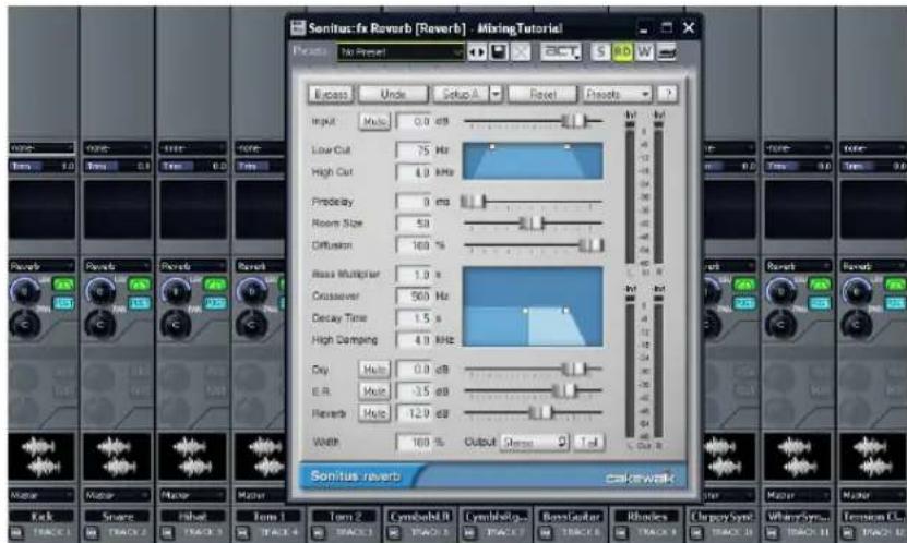 Sanitusfx Revverb [Reverb] - MixingTutorial Project: No Preset Excess Unic Setup A Reset Presets Input Multi 0.0 dB Low-Cut 75 Hz High Cur 4.0 MHz Predelay 0 ms Room Size 5.0 Diffusion 100 % Base Multiplier 1.0 s Crossover 560 Hz Decay Time 1.5 s High Damping 4.0 MHz Dry Multi 0.0 dB E.R. Multi 3.5 dB Reverse Multi 12.9 dB Width 100 % Output Stress Total Sonitus-reverb Calk-walk