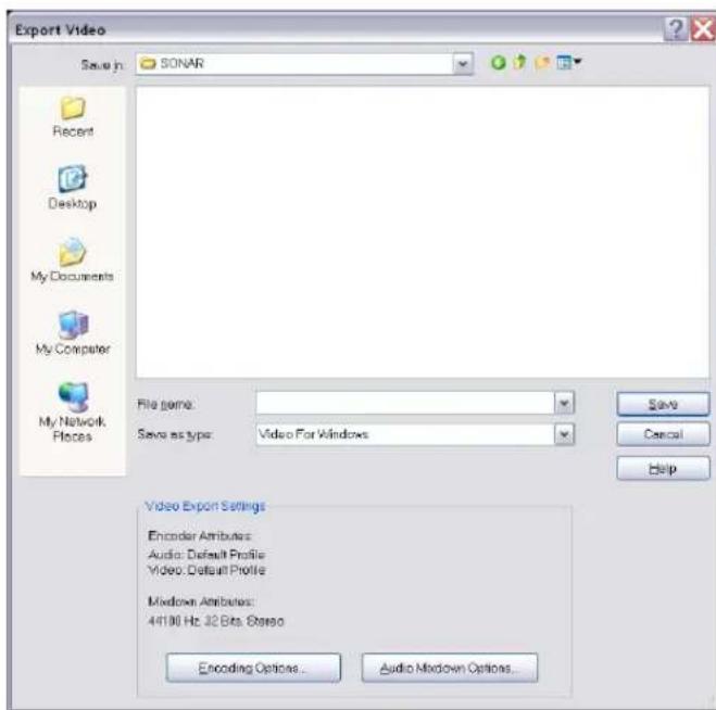 Export Video Save In SONAR Recent Desktop My Documents My Computer My Network Places File name: Save as type: Video For Windows Video Export Settings Encoder Attributes: Audio: Default Profile Video: Default Profile Window Attributes: 44100 Hz 32 Bits: Stereo Encoding Options... Audio Middown Options...