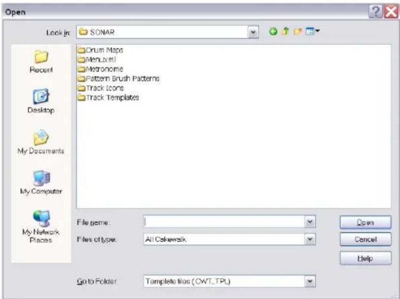 Open Look in: SONAR Recent Desktop My Documents My Computer My Network Places Drum Maps Menu.xml Metronome Pattern Brush Patterns Track Icons Track Templates File name: Files of type: All Cakewalk Go to Folder: Template files (CWT..TPL) Open Cancel Help