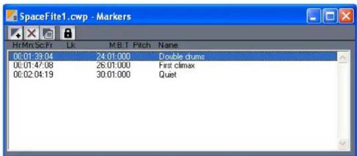 SpaceFite1.cwp - Markers Hr:Mn:Sc:Fr Lk M:B:T Pitch Name 00:01:33:04 24:01:000 Double drums 00:01:47:08 26:01:000 First climax 00:02:04:19 30:01:000 Quiet
