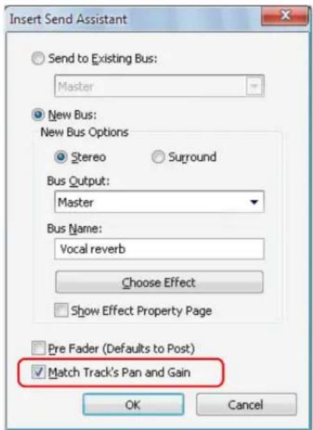 Insert Send Assistant Send to Existing Bus: Master New Bus: New Bus Options Stereo Surground Bus Output: Master Bus Name: Vocal reverb Choose Effect Show Effect Property Page Pre Fader (Defaults to Post) Match Track's Pan and Gain OK Cancel