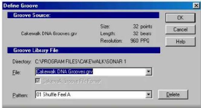Define Groove Groove Source: Size: 32 points Cakewalk DNA Grooves.grv Length: 32 beats Resolution: 960 PPQ OK Cancel Help Groove Library File Directory: C:\PROGRAM FILES\CAKEWALK\SONAR 1 File: Cakewalk DNA Grooves.grv ☑ Cakewalk Groove File Format Pattern: 01 Shuffle Feel A Delete