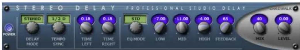 STEREO DELAY PROFESSIONAL STUDIO DELAY POWER 5 STEREO 1/2 D 0.18 0.18 STD -7.00 -11.00 -4.00 65 40 0.00 DELAY MODE TEMPO SYNC TIME LEFT TIME RIGHT EQ MODE LOW MID HIGH FEEDBACK MIX LEVEL