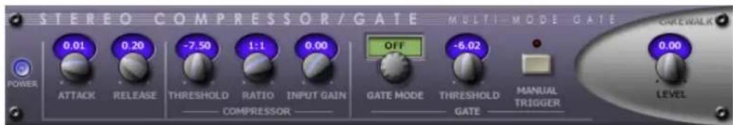 STEREO COMPRESSOR/GATE MULTI-MODE GATE 0.01 0.20 -7.50 1:1 0.00 OFF -6.02 POWER ATTACK RELEASE THRESHOLD RATIO INPUT GAIN GATE MODE THRESHOLD MANUAL ——— COMPRESSOR ———— GATE ———— TRIGGER ———— LEVEL 0.00