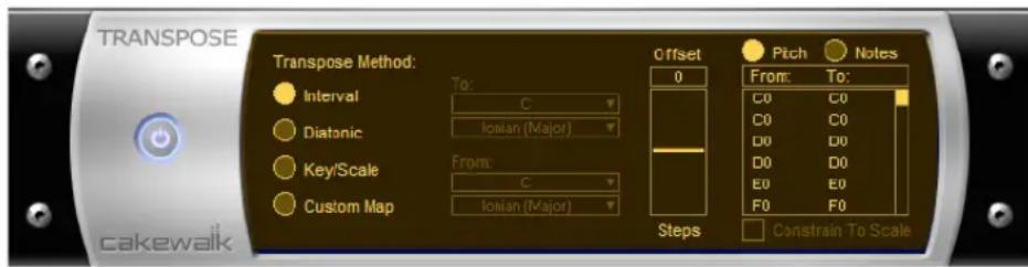 TRANSPOSE Transpose Method: Interval To: C Diatonic Ionian (Major) Key/Scale From: C Custom Map Ionian (Major) Offset 0 Pitch Notes From: To: C0 C0 C0 C0 D0 D0 D0 D0 E0 E0 F0 F0 Steps Constrain To Scale cakewalk