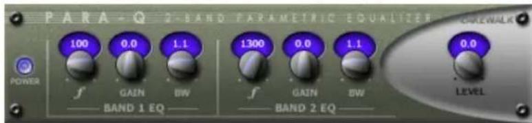 PARA-Q 2-BAND PARAMETRIC EQUALIZER POWER 100 0.0 1.1 f GAIN BW BAND 1 EQ 1300 0.0 1.1 f GAIN BW BAND 2 EQ LEVEL 0.0