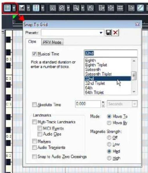 Snap To Grid Preset: Clips PRV Mode Musical Time Pick a standard duration or enter a number of ticks. 32nd Eighthn Eighth Triplet Sixteenth Sixteenth Triplet 32nd 32nd Triplet 64th 64th Triplet Absolute Time 0.000 Seconds Landmarks Multi-Track Landmarks MIDI Events Audio Clips Markers Audio Trangioento Snap to Audio Zero Crossings Mode: Move To Move By Magnetic Strength: Off Low Med High