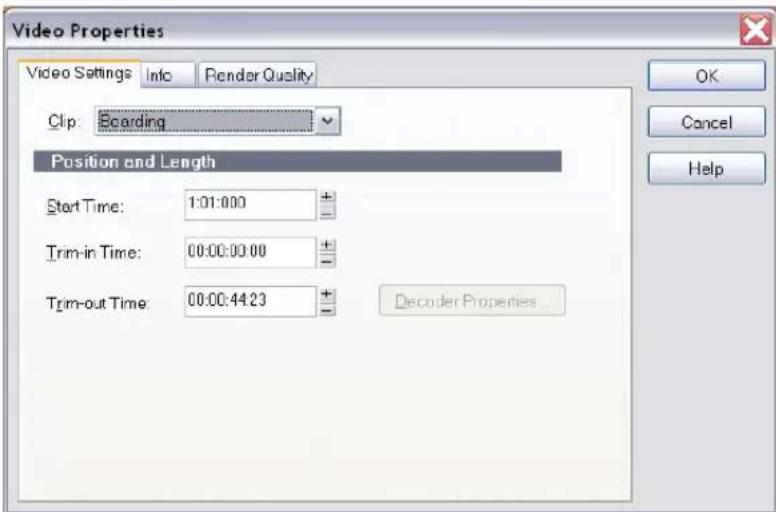 Video Properties Video Settings Info Render Quality Clip: Boarding Position and Length Start Time: 1:01:00 Trim-in Time: 00:00:00:00 Trim-out Time: 00:00:44:23 Decoder Properties ...