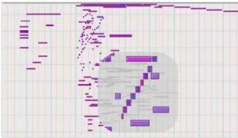 Scanned document page with fragmented text and purple graphical elements, likely a form or report section