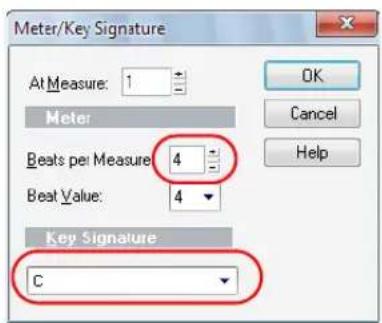 Meter/Key Signature At Measure: 1 Meter Beats per Measure 4 Beat Value: 4 Key Signature C