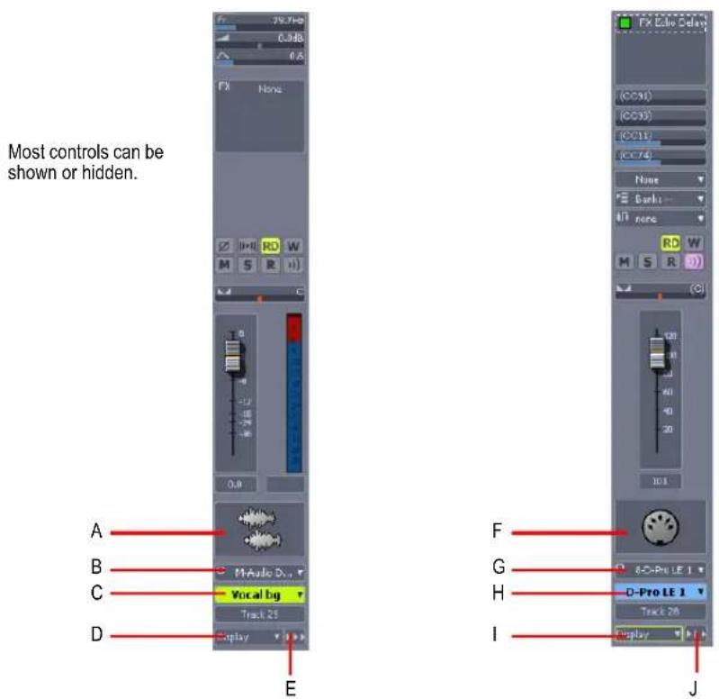 Most controls can be shown or hidden. A B C D M Vocal Big Track 25 Display E F G H I FX Echo Delay (C:31) (C:30) (C:19) (C:74) None Bank: RT none RD W M S R 0 101 8-D-Pro LE 1 D-Pro LE 1 Track 26 Display J