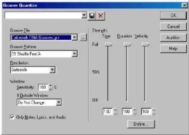 Groove Quantize Groove File Sakewalk GN4 Grooves pry Groove Pattern: 01 Shuffle Feel A Resolution: Satceonh Window Sensitivity: 100 % If Outside Window Do Not Change Only Notes, Lyrics, and Audio Strength Time Duration Velocity Full 50% Off 100 100 100 Define... OK Cancel Audition Help