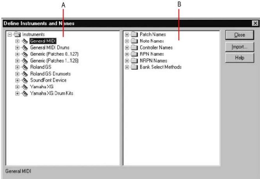 Define Instruments and Names Instruments General MIDI General MIDI Drums Generic (Patches 0..127) Generic (Patches 1..128) Roland GS Roland GS Drumsets SoundFont Device Yamaha XG Yamaha XG Drum Kits Patch Names Note Names Controller Names RPN Names NRPN Names Bank Select Methods Close Import... Help General MIDI