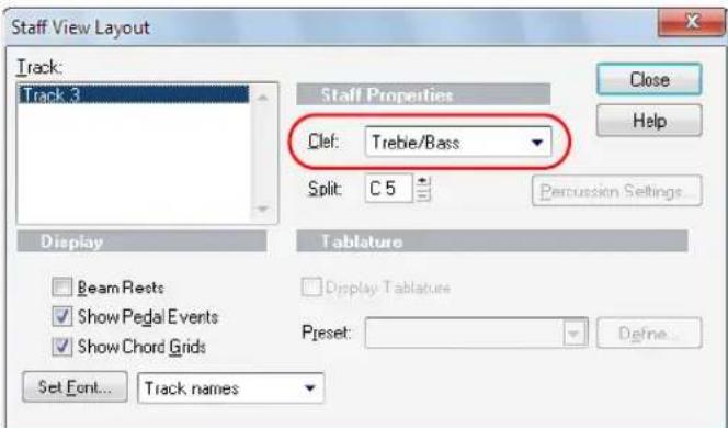 Staff View Layout Track: Track 3 Clef: Treble/Bass Split: C 5 Perception Settings... Display Beam Rests Show Pedal Events Show Chord Grids Set Font... Track names Tablature Display Tablature Preset: Define...