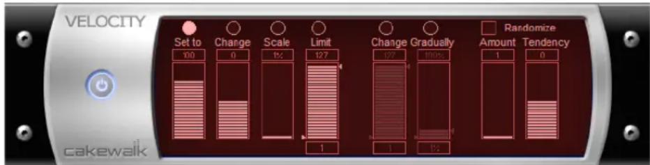 VELOCITY Set to 100 Change 0 Scale 1% Limit 127 Change 127 Gradually 100% Randomize Amount 1 Tendency cakewalk 1 B% B%