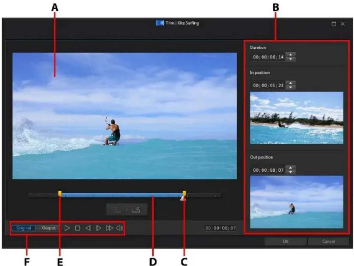 Trim | Kite Surfing A B Duration 00: 00: 06: 14 In position 00: 00: 01: 23 Out position 00: 00: 08: 07 Original Output 00: 00: 08: 07 OK Cancel F E D C