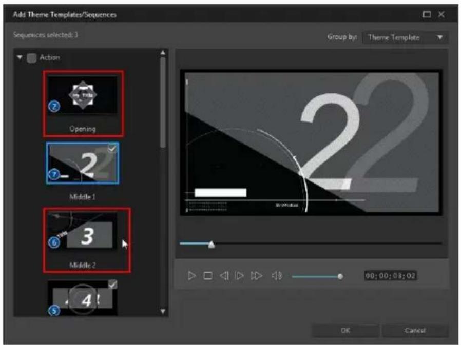 Add Theme Templates/Sequences Sequences selected: 3 Group by: Theme Template Action Opening Middle 1 Middle 2 22 00:00:03:02 OK Cancel