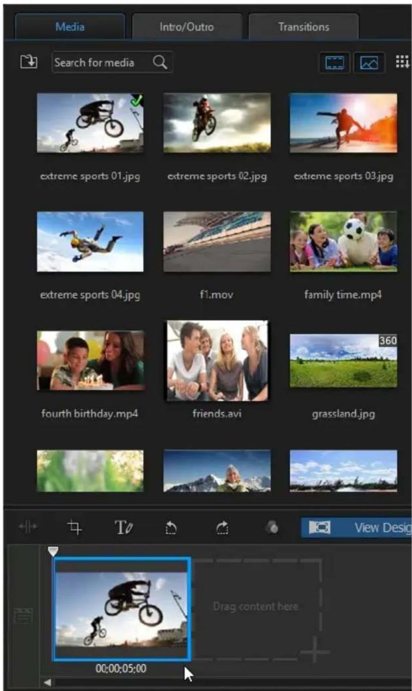 Media Intro/Outro Transitions Search for media extreme sports 01.jpg extreme sports 02.jpg extreme sports 03.jpg extreme sports 04.jpg f1.mov family time.mp4 fourth birthday.mp4 friends.avi grassland.jpg Drag content here 00:00:05:00 View Design