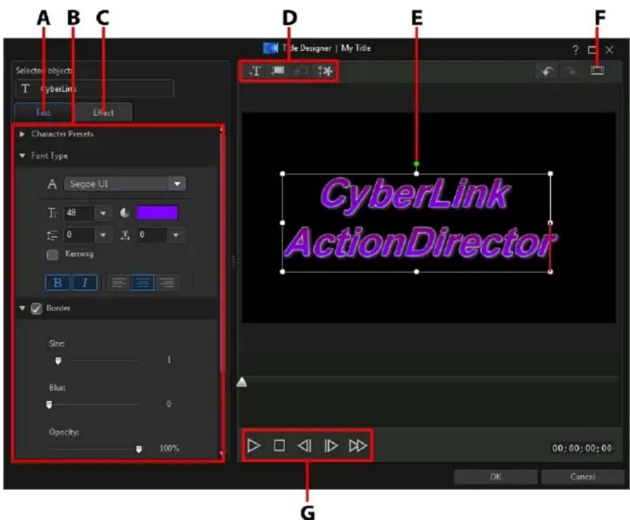 Selected objects T CyberLink Text Effect Character Presets Font Type A Segue UI T: 48 0 T: 0 Kerning B I Border Size: 1 Blur: 0 Opacity: 100% D Title Designer | My Title T CyberLink ActionDirector G 00:00:00:00 OK Cancel