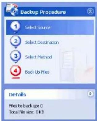 Backup Procedure 1 Select Source 2 Select Destination 3 Select Method 4 Back Up Files Details Files to back up: 0 Total file size: 0 KB