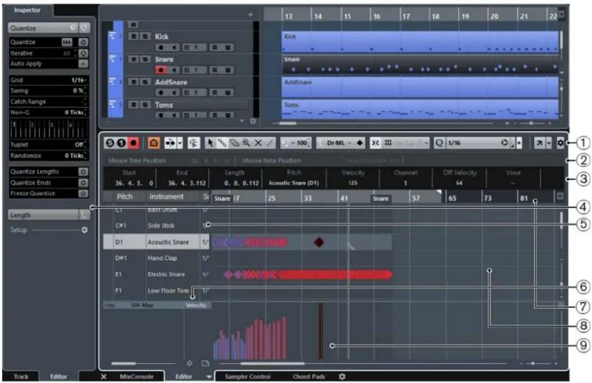 STEINBERG Cubase AI 9.5 - The Drum Editor window: - 2