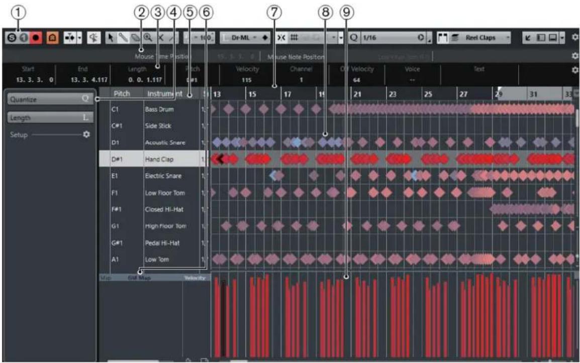 STEINBERG Cubase AI 9.5 - The Drum Editor window: - 1