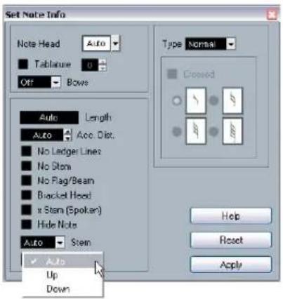 STEINBERG Cubase Studio 5 - Stem direction in the Set Note Info dialog - 1