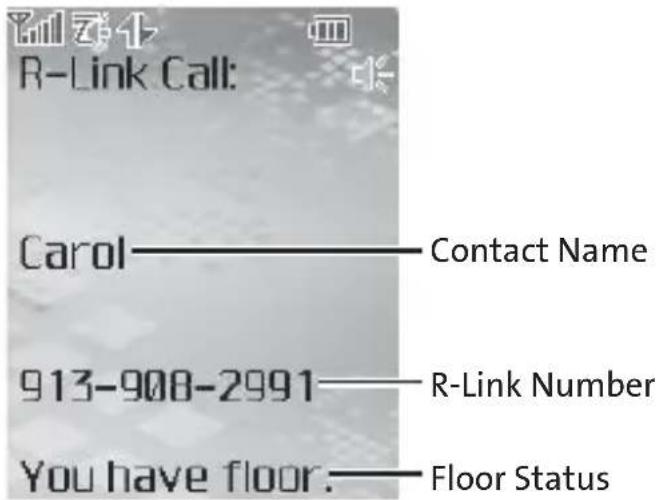R-Link Call: Carol——Contact Name 913-908-2991——R-Link Number You have floor.—Floor Status