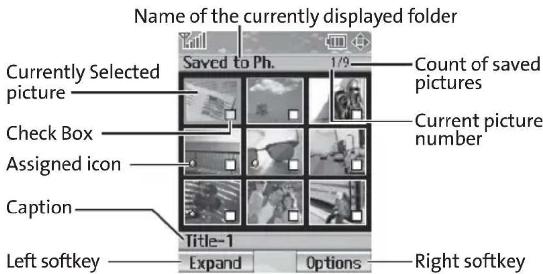 Name of the currently displayed folder Currently Selected picture Check Box Assigned icon Caption Title-1 Left softkey Expand Options Count of saved pictures Current picture number 1/9