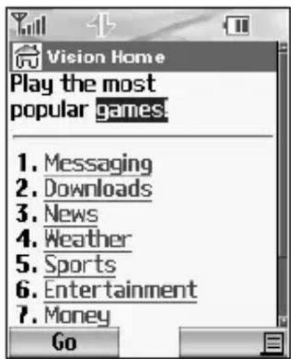 Vision Home Play the most popular games. 1. Messaging 2. Downloads 3. News 4. Weather 5. Sports 6. Entertainment 7. Money Go