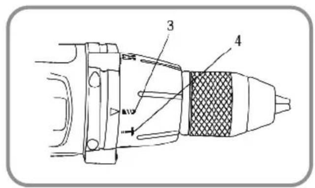 Technical diagram of a mechanical device with labeled parts 3 and 4, showing internal components and assembly.