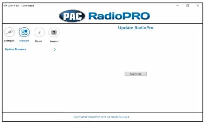 GMA-RS - Connected PAC RadioPRO Update RadioPro Configure Hardware About Support Update Firmware > Select File Copyright® RadioPRO 2015 All Rights Reserved.