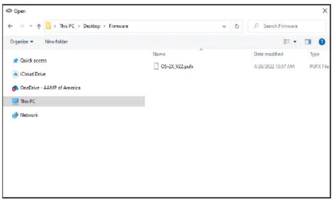 Open This PC > Desktop > Firmware Organize New folder Quick access ICloud Drive OneDrive - AAMP of America This PC Network Name OS-2X_V22.pufx Date modified 4/26/2022 10:57 AM Type PUFX File