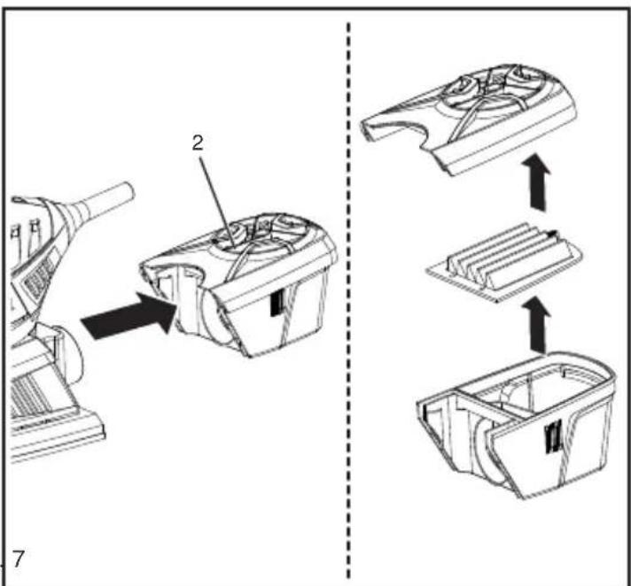 Technical diagram showing assembly steps of a device with labeled parts and directional arrows indicating process flow.