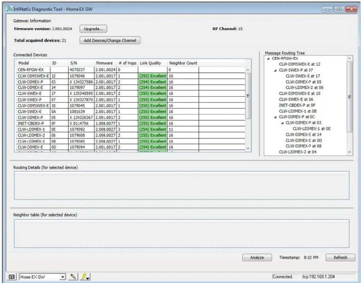 InfiNetEx Diagnostic Tool - Home EX GW Gateway Information Firmware version: 2.001.0024 Upgrade... RF Channel: 15 Total acquired devices: 21 Add Devices/Change Channel Connected Devices Model ID S/N Firmware # of Hops Link Quality Neighbor Count CEN-RFGW-EX 4070237 2.001.0024 0 0 CLW-DIMSWEX-E 12 1079046 2.001.0017 1 (255) Excellent 16 CLW-DIMEX-P 03 X 134327586 2.001.0017 2 (254) Excellent 16 CLW-DIMEX-E 14 1079097 2.001.0017 2 (254) Excellent 16 CLW-SWEX-E 17 X 135340595 2.001.0017 2 (255) Excellent 16 CLW-SWEX-P 07 X 134327870 2.001.0017 1 (255) Excellent 16 CLW-DIMSWEX-E 10 1079045 2.001.0017 1 (255) Excellent 16 CLW-SWEX-E 0A 1081639 2.001.0017 1 (255) Excellent 16 CLW-DIMEX-P 05 X 134326367 2.001.0017 2 (255) Excellent 16 INET-CBDEX-P 0F X 01:4756 1.000.0077 1 (255) Excellent 16 CLW-LDIMEX-1 0E 1079392 2.000.0027 3 (254) Excellent 11 CLW-LDIMEX-2 06 1079608 2.000.0027 2 (255) Excellent 16 CLW-LDIMEX-1 0B 1079385 2.000.0027 1 (255) Excellent 16 CLW-DIMEX-E CD 1079094 2.001.0017 2 (254) Excellent 16 Routing Details (for selected device) Neighbor table (for selected device) Analyze Timestamp: 8:12 PM Refresh Message Routing Tree CEN-RFGW-EX CLW-DIMSWEX-E at 12 CLW-SWEX-P at 07 CLW-SWEX-E at 17 CLW-DIMEX-P at 05 CLW-LDIMEX-2 at 06 CLW-DIMSWEX-E at 10 CLW-SWEX-E at 0A INET-CBDEX-P at 0F CLW-LDIMEX-1 at 0B CLW-DIMEX-P at 0C CLW-DIMEX-P at 03 CLW-LDIMEX-1 at 0E CLW-DIMEX-E at 14 CLW-DIMEX-E at 0D CLW-DIMEX-P at 08 CLW-LDIMEX-2 at 04