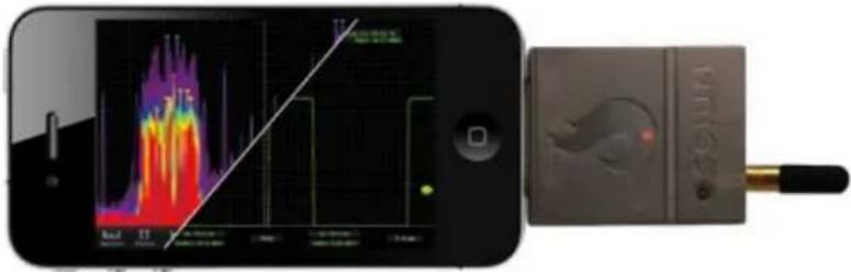 Smartphone displaying thermal imaging with waveform and signal graphs, alongside a device labeled 'SOLUT' showing a flame symbol.