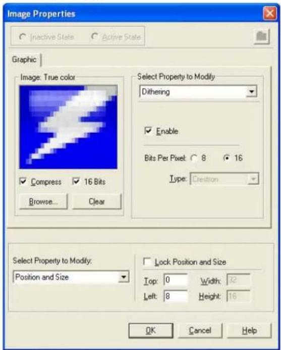 Image Properties Inactive State Active State Graphic Image: True color Compress 16 Bits Browse... Clear Select Property to Modify: Dithering Enable Bits Per Pixel 8 16 Type: Creation Select Property to Modify: Position and Size Lock Position and Size Top: 0 Width: 32 Left: 8 Height: 16 OK Cancel Help