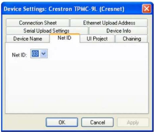 Device Settings: Crestron TPMC-9L (Cresnet) Connection Sheet Ethernet Upload Address Serial Upload Settings Device Info Device Name Net ID UI Project Chaining Net ID: 03 OK Cancel Apply