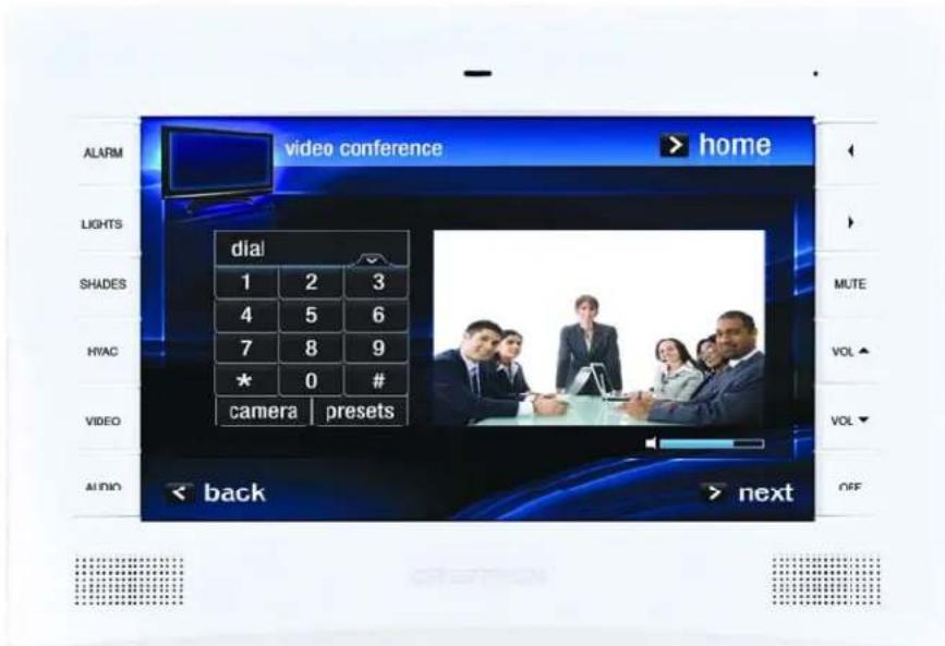 video conference > home ALARM LIGHTS dial 1 2 3 4 5 6 7 8 9 * 0 # camera presets AUDIO < back > next MUTE VOL ▲ VOL ▼ OFF