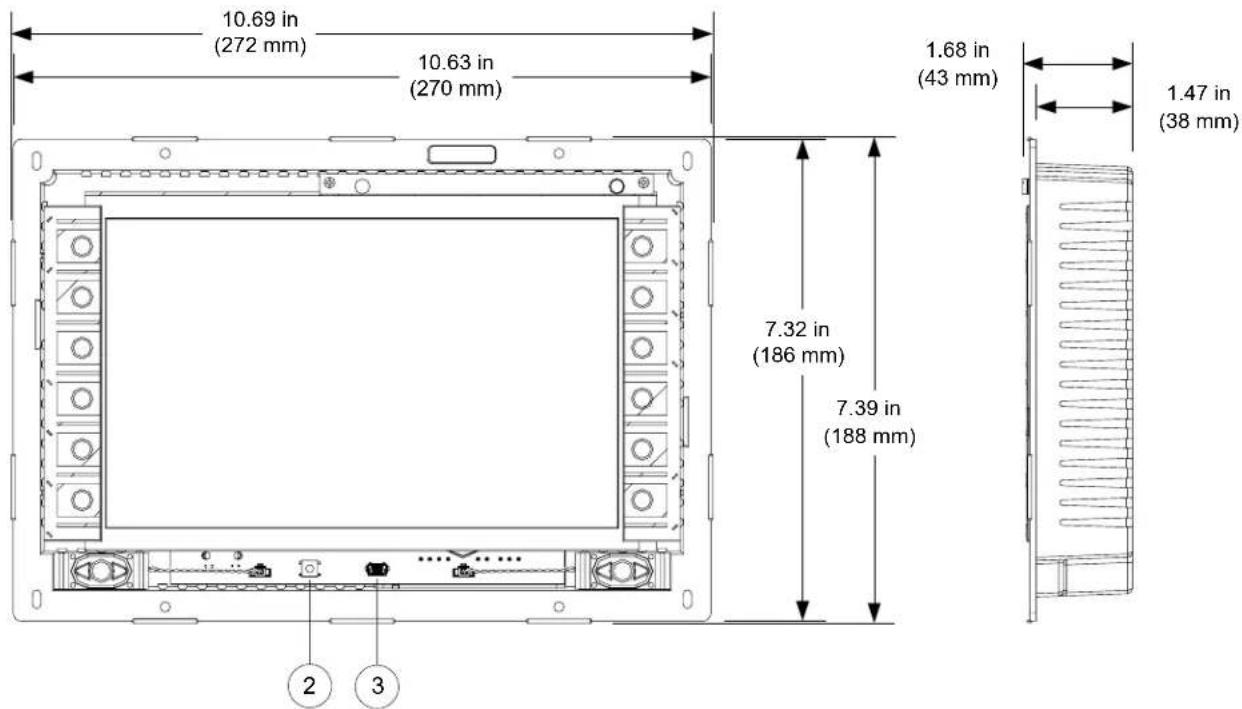 10.69 in (272 mm) 10.63 in (270 mm) 1.68 in (43 mm) 7.32 in (186 mm) 7.39 in (188 mm) 1.47 in (38 mm) ② ③