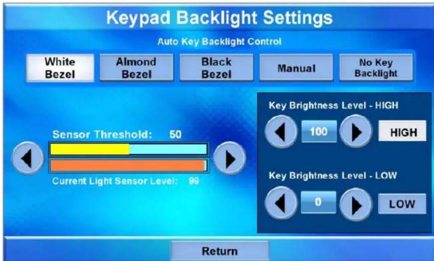 Keypad Backlight Settings Auto Key Backlight Control White Bezel Almond Bezel Black Bezel Manual No Key Backlight Sensor Threshold: 50 Current Light Sensor Level: 99 Key Brightness Level - HIGH 100 HIGH Key Brightness Level - LOW 0 LOW Return