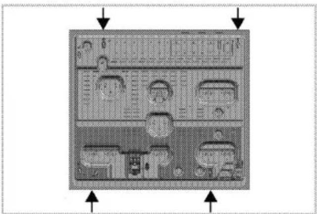 Diagram of a computer monitor with labeled screen layout and directional arrows indicating orientation or navigation.