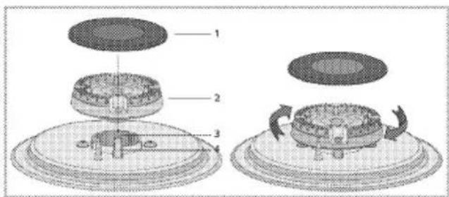 Technical diagram showing cross-sectional views of a mechanical device with numbered components and directional arrows indicating rotation or movement.