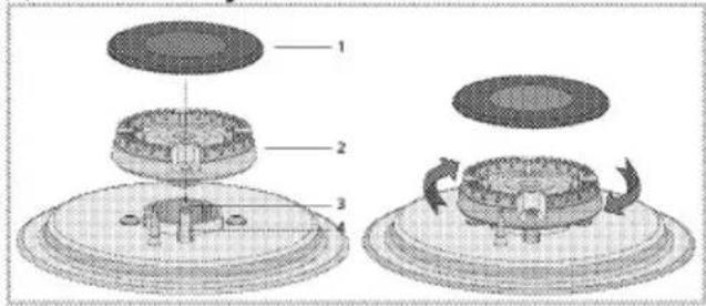 Technical diagram showing exploded and assembled views of a mechanical component with numbered parts and directional arrows indicating rotation or assembly.