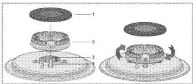 Technical diagram showing cross-sectional views of a mechanical or electronic component with numbered parts and directional arrows indicating rotation.