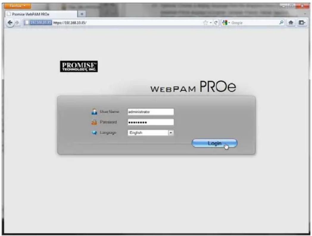 Promise Technology VTrak E630f - Logging into WebPAM PROe - 1