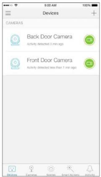 9:00 AM 100% Devices CAMERAS Back Door Camera Activity detected 3 min ago Front Door Camera Activity detected less than 1 min ago